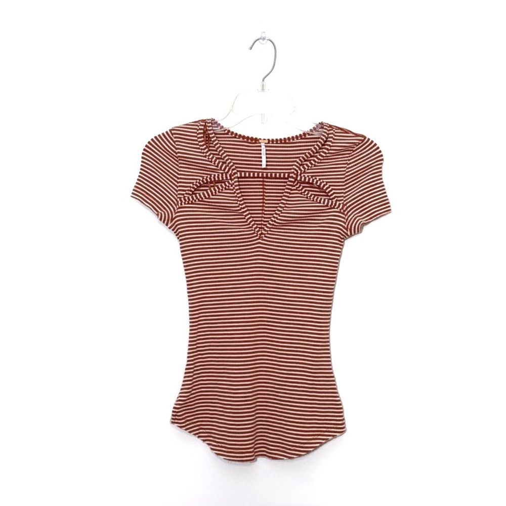 Free People Orange Ribbed Striped Cutout Tee Sz S